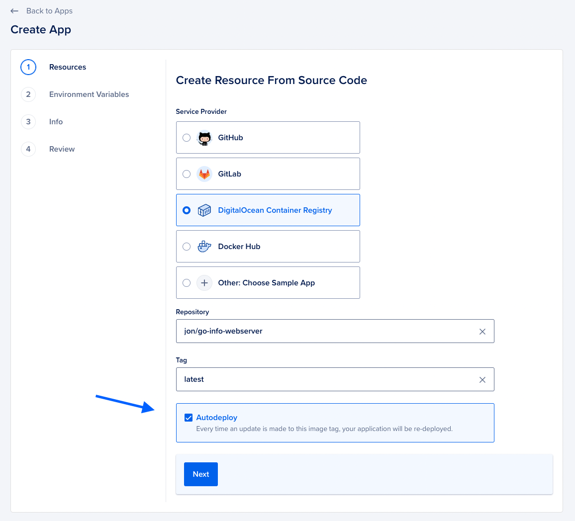 A screenshot of the App Platform creation menu with autodeploy enabled.