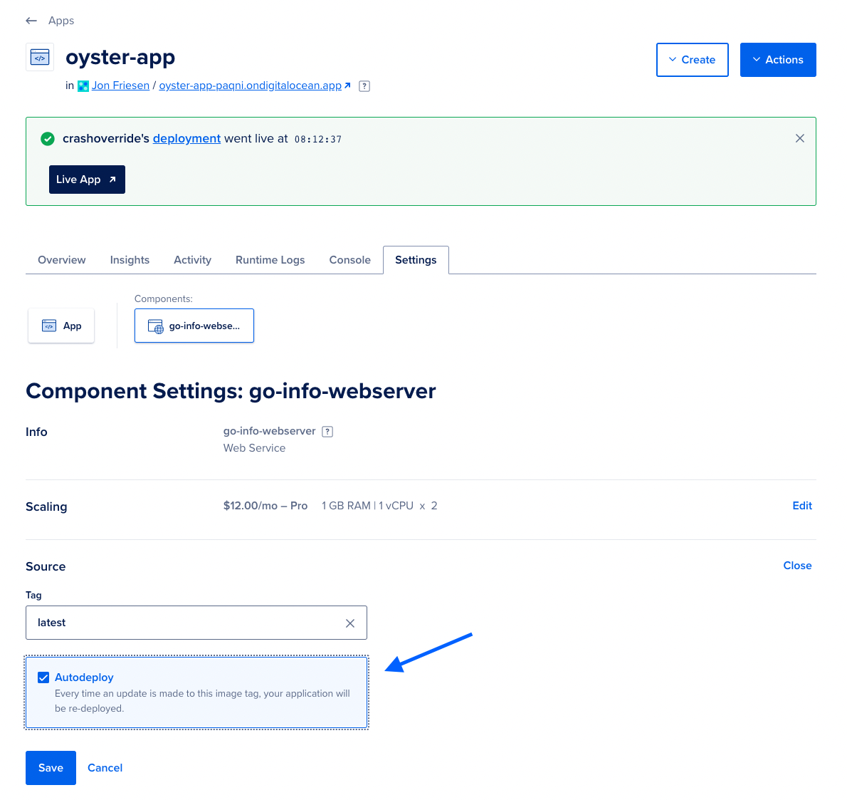 A screenshot of the App Platform component settings menu with autodeploy enabled.