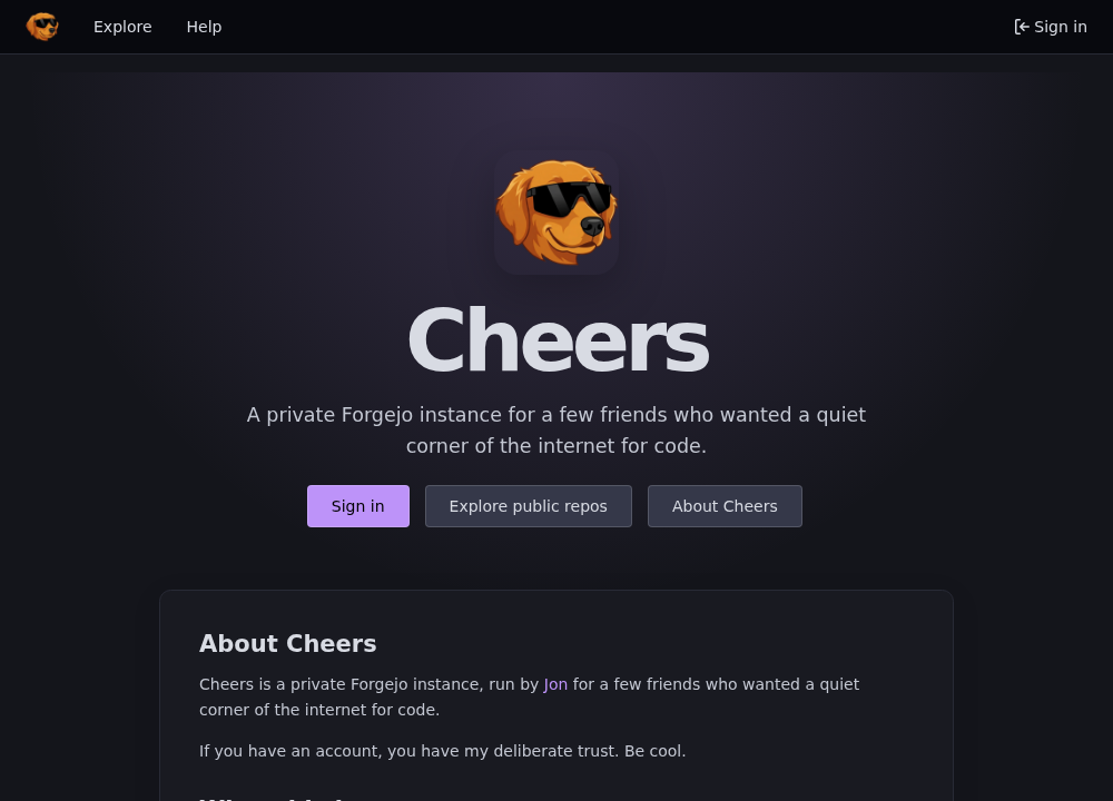Screenshot of the custom cheers.dev Forgejo homepage